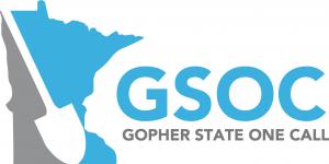 Gopher State One Call logo, grey and turquoise blue Minnesota image with shovel