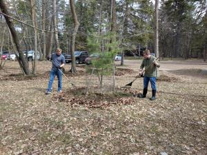 Two teenage boys raking leaves away from base of tree