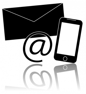 clip art graphic of envelope, cell phone and @ symbol for email