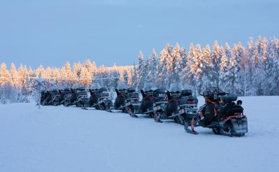Snowmobiles lined up in a row